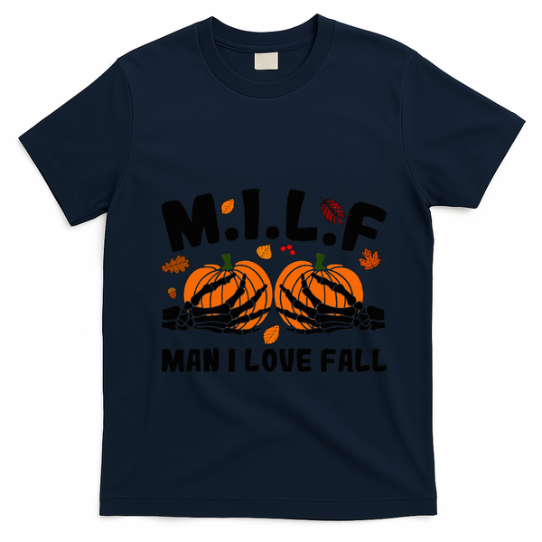 Milf Man I Love Fall Skeleton Pumpkin Hand Boob T-Shirt - Navy Blue
