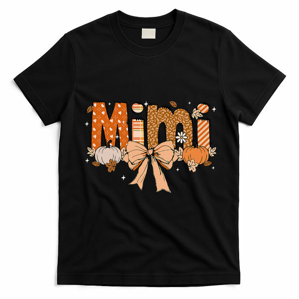 Mimi Pumpkin Fall Coquette Bow Thanksgiving Mom T-Shirt - Black