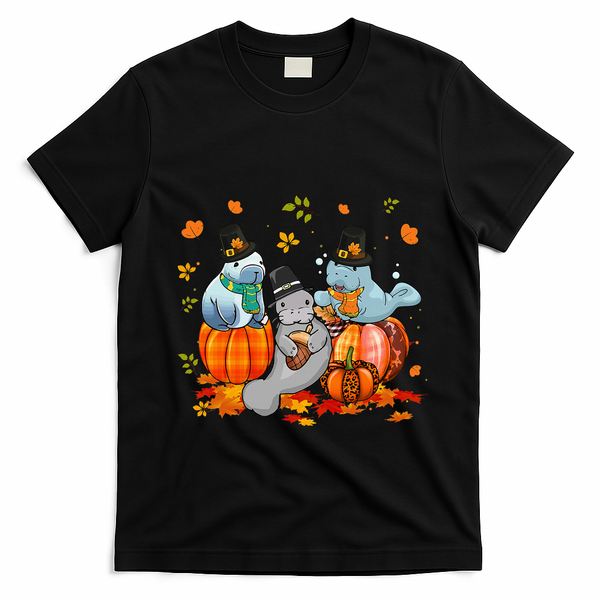 Manatee Pumpkin Leopard Buffalo Plaid Fall Thanksgiving T-Shirt - Black