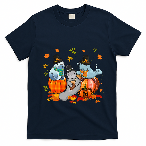 Manatee Pumpkin Leopard Buffalo Plaid Fall Thanksgiving T-Shirt - Navy Blue