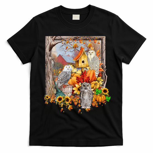 Owls Autumn Tree Leaves Fall Pumpkin T-Shirt - Black