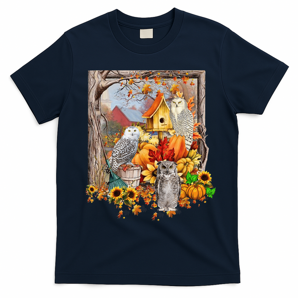 Owls Autumn Tree Leaves Fall Pumpkin T-Shirt - Navy Blue