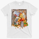 Owls Autumn Tree Leaves Fall Pumpkin T-Shirt - White