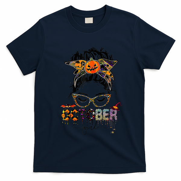 October Messy bun hair october birthday halloween  T-Shirt - Navy Blue