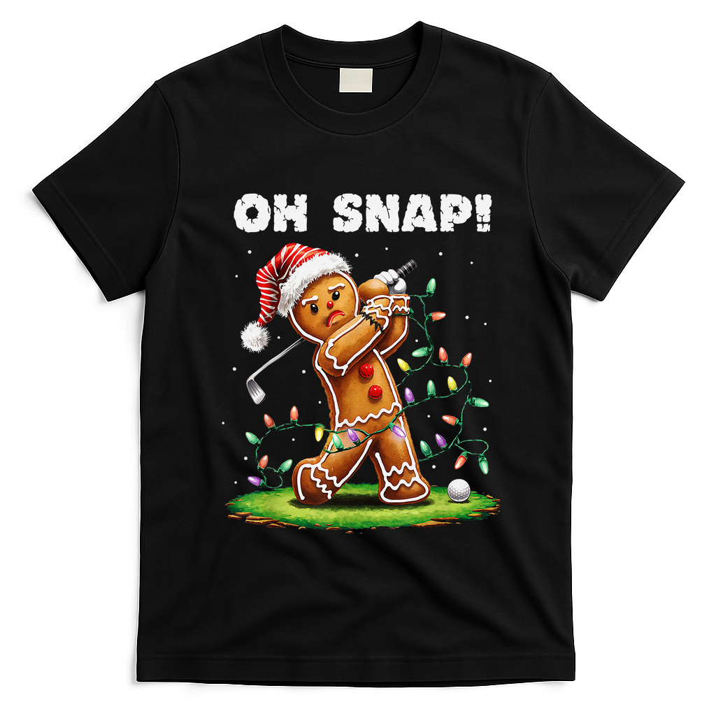 Oh Snap Gingerbreadman Golfer Golf Christmas Golfing T-Shirt - Black