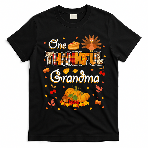 One Thankful Grandma Fall Leaves Autumn Grandma Thanksgiving Gift T-Shirt - Black