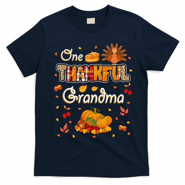 One Thankful Grandma Fall Leaves Autumn Grandma Thanksgiving Gift T-Shirt - Navy Blue
