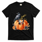 Pretty Autumn Raven Floral Pumpkin Fall Lover T-Shirt - Black