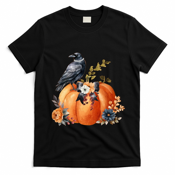 Pretty Autumn Raven Floral Pumpkin Fall Lover T-Shirt - Black