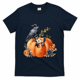 Pretty Autumn Raven Floral Pumpkin Fall Lover T-Shirt - Navy Blue