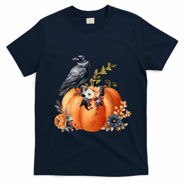 Pretty Autumn Raven Floral Pumpkin Fall Lover T-Shirt - Navy Blue
