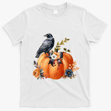 Pretty Autumn Raven Floral Pumpkin Fall Lover T-Shirt - White