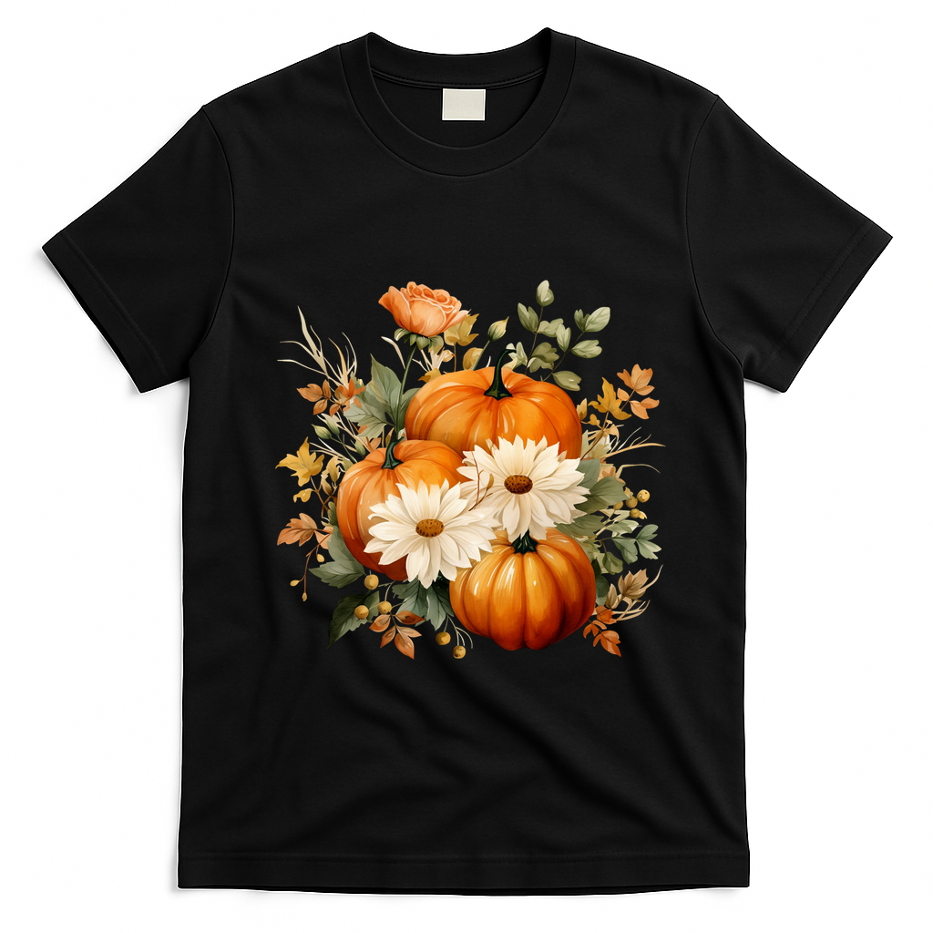 Pumpkin Fall Floral Festive T-Shirt - Black