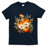 Pumpkin Fall Floral Festive T-Shirt - Navy Blue
