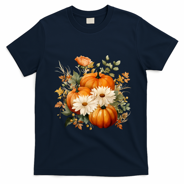 Pumpkin Fall Floral Festive T-Shirt - Navy Blue