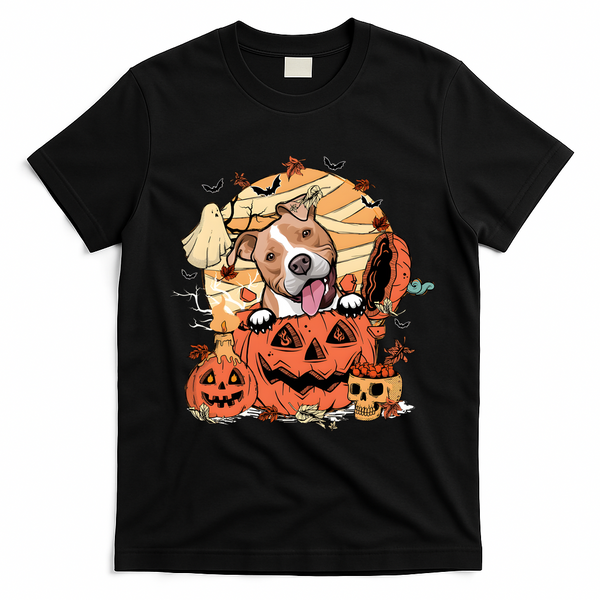 Pitbull Halloween Dog Pumpkin Cute T-Shirt - Black
