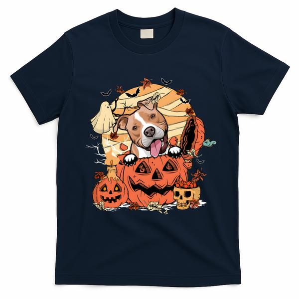 Pitbull Halloween Dog Pumpkin Cute T-Shirt - Navy Blue