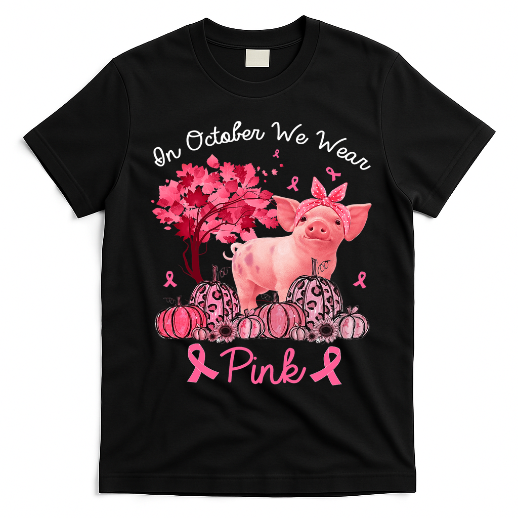 Pig In October We Wear Pink Pumpkin Breast Cancer T-Shirt - Black