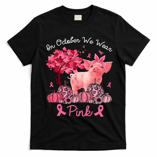Pig In October We Wear Pink Pumpkin Breast Cancer T-Shirt - Black
