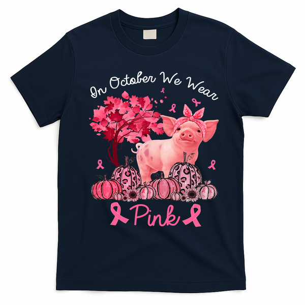 Pig In October We Wear Pink Pumpkin Breast Cancer T-Shirt - Navy Blue