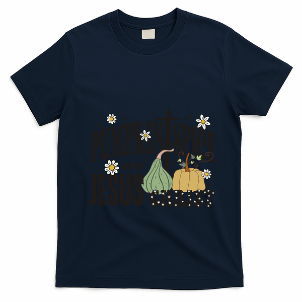 Pumpkin Spice And Jesus Christ Fun Fall Christian Cross Faith T-Shirt - Navy Blue