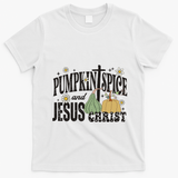 Pumpkin Spice And Jesus Christ Fun Fall Christian Cross Faith T-Shirt - White