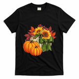 Pumpkin Sunflower Cute Floral Fall Autumn Season T-Shirt - Black