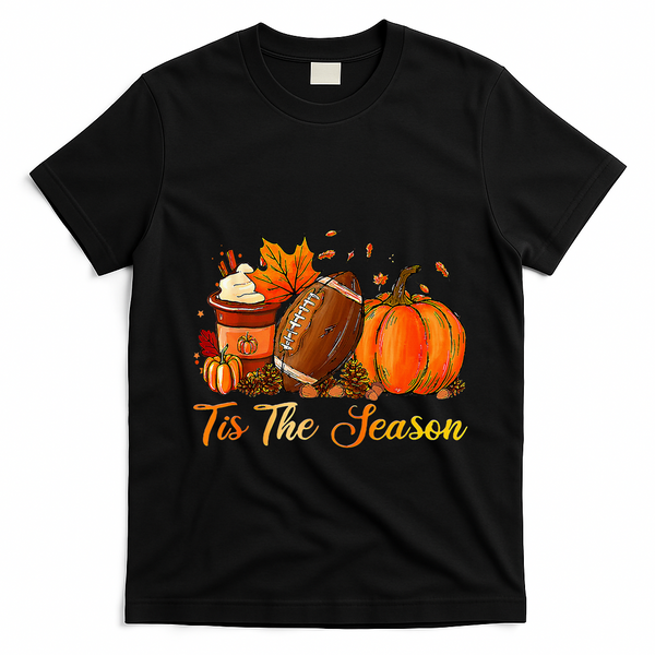 Pumpkin Spice Football Tis The Season Fall Thanksgiving T-Shirt - Black