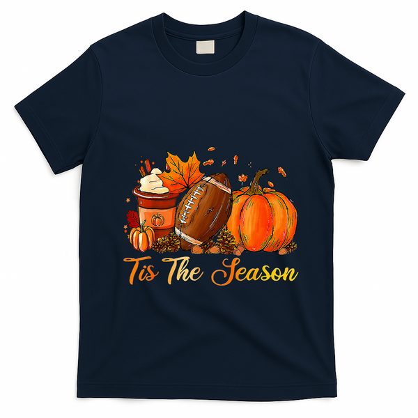 Pumpkin Spice Football Tis The Season Fall Thanksgiving T-Shirt - Navy Blue