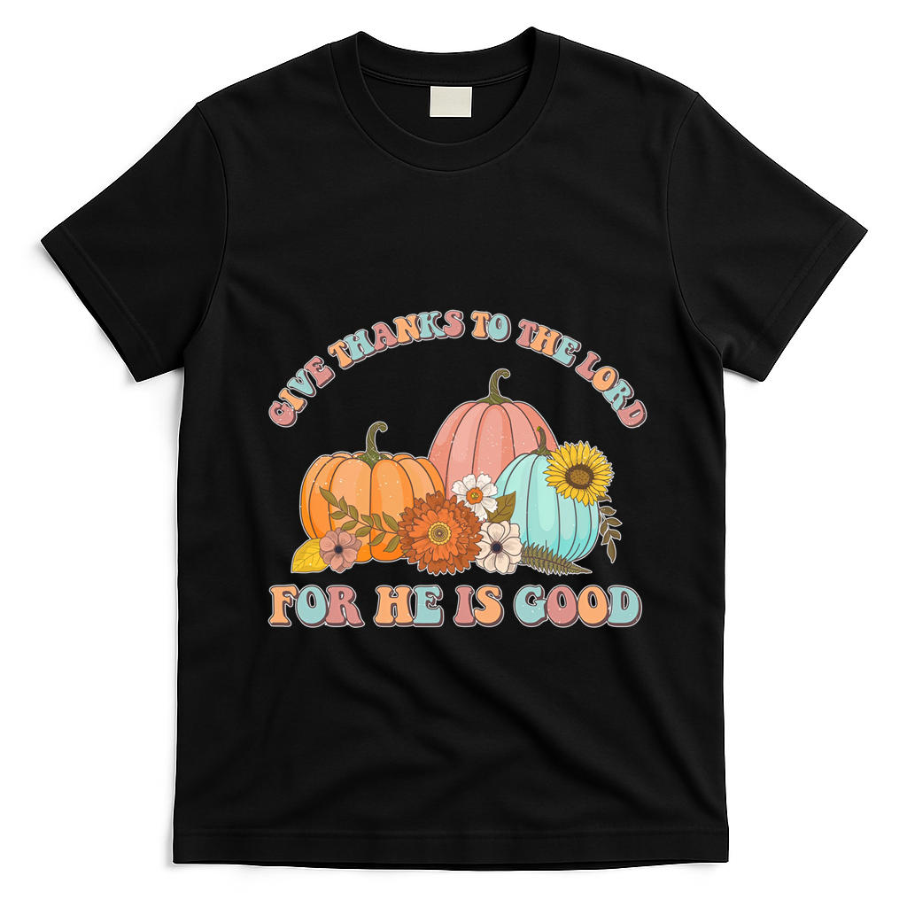 Pumpkin Stack Give Thanks To The Lord For He Is Good Autumn Funny Gift T-Shirt - Black