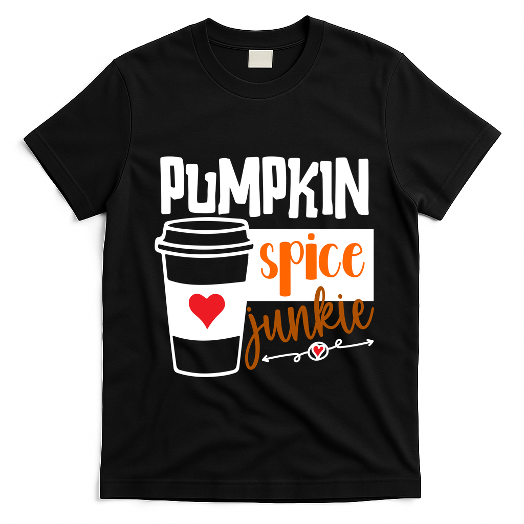 Pumpkin Spice Junkie Coffee Lover Heart T-Shirt - Black