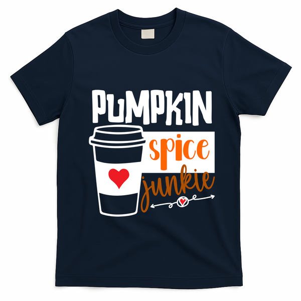 Pumpkin Spice Junkie Coffee Lover Heart T-Shirt - Navy Blue
