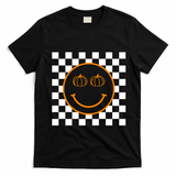 Pumpkin Smiley Retro Checkered T-Shirt - Black