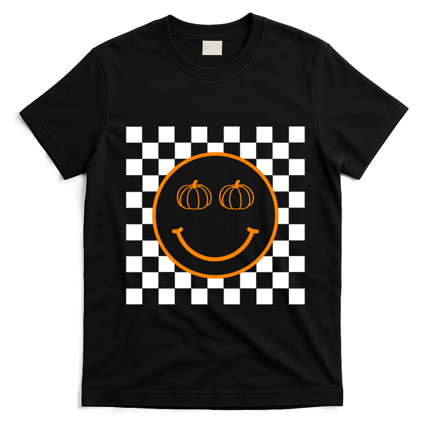 Pumpkin Smiley Retro Checkered T-Shirt - Black