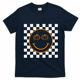Pumpkin Smiley Retro Checkered T-Shirt - Navy Blue