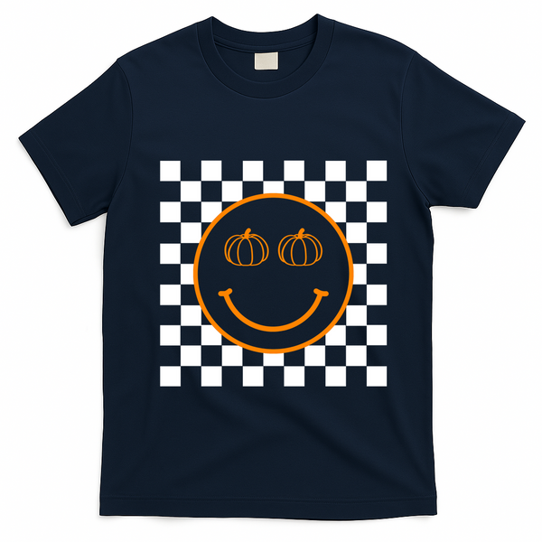 Pumpkin Smiley Retro Checkered T-Shirt - Navy Blue