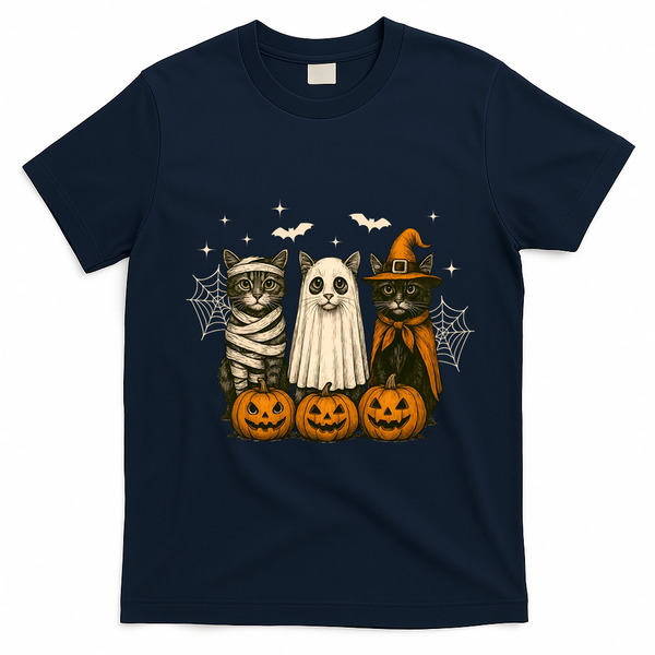 Retro Black Cat Witch Scary Halloween Pumpkin Spooky T-Shirt - Navy Blue