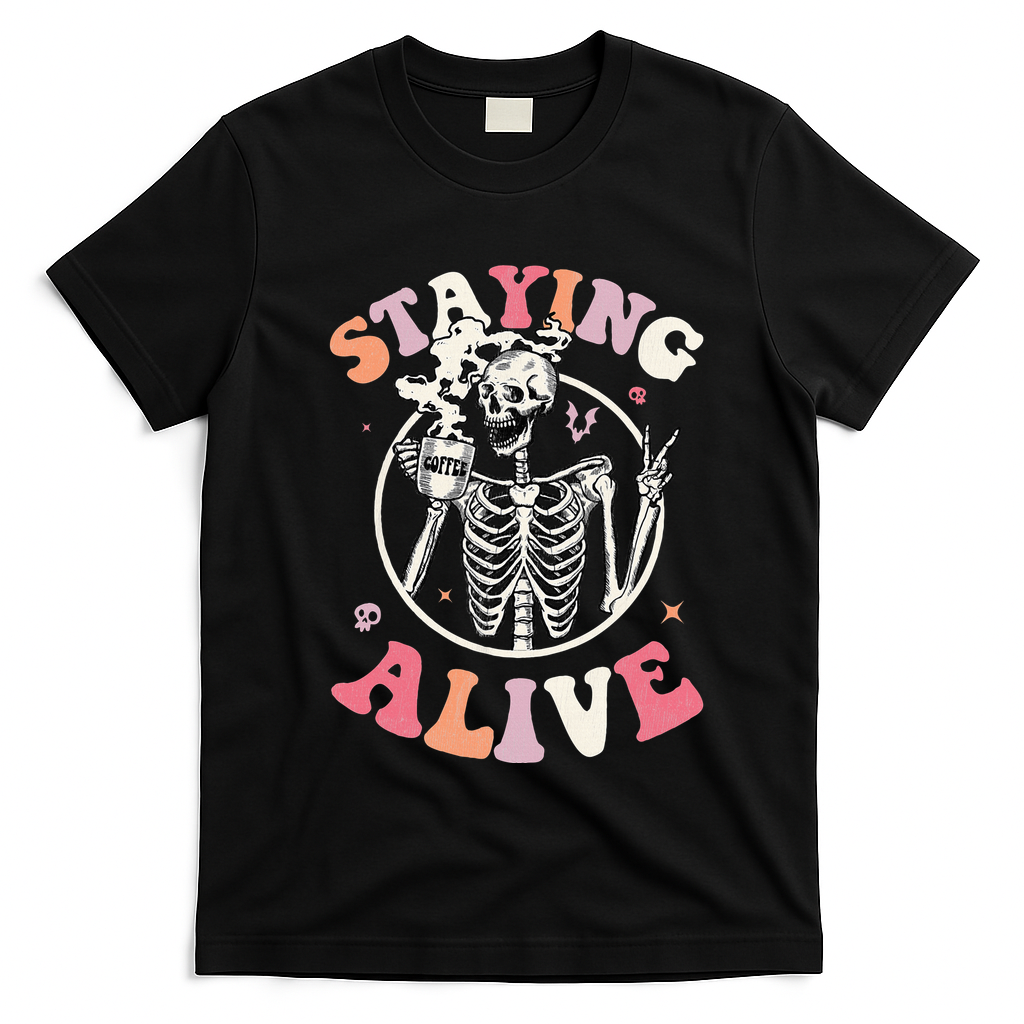 Retro Halloween Skeleton Coffee Mug Groovy Staying Alive Hippie T-Shirt - Black