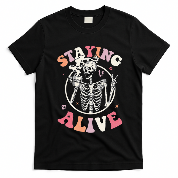 Retro Halloween Skeleton Coffee Mug Groovy Staying Alive Hippie T-Shirt - Black