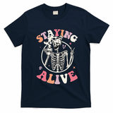 Retro Halloween Skeleton Coffee Mug Groovy Staying Alive Hippie T-Shirt - Navy Blue