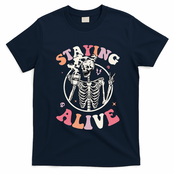 Retro Halloween Skeleton Coffee Mug Groovy Staying Alive Hippie T-Shirt - Navy Blue