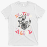 Retro Halloween Skeleton Coffee Mug Groovy Staying Alive Hippie T-Shirt - White