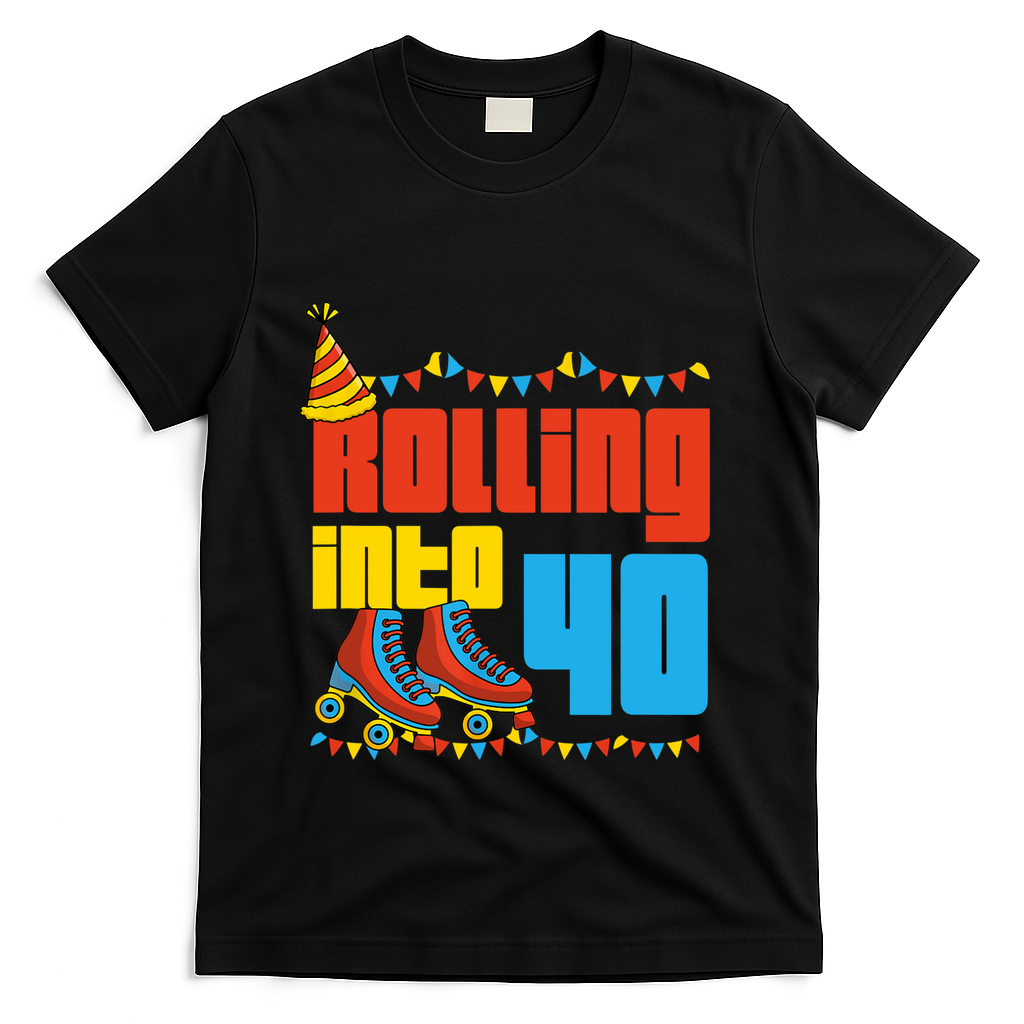 Rolling Into 40 Roller Skate 40th Birthday Party Supplies T-Shirt - Black