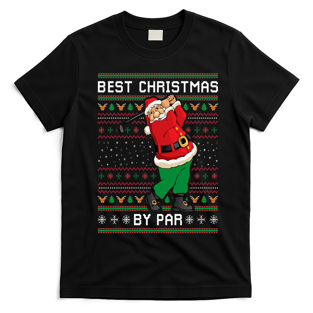 Santa Claus Playing Golf Funny Ugly Christmas Gofl Novelty T-Shirt - Black