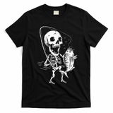 Skeleton Fishing Lazy Halloween Costume Cool Skull Fisherman T-Shirt - Black