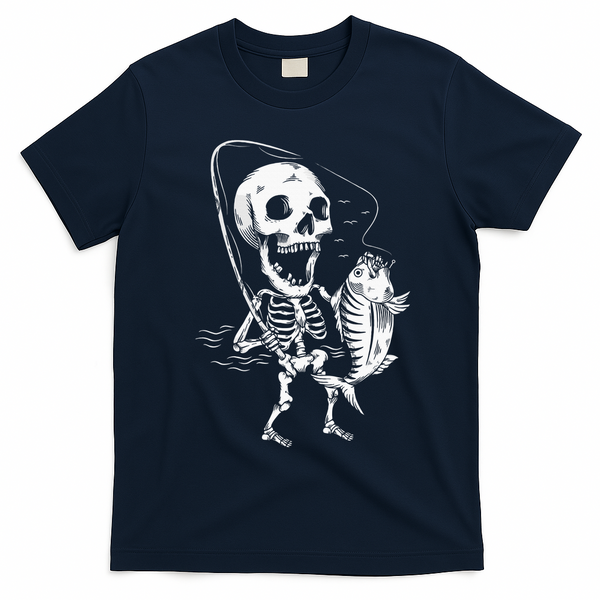 Skeleton Fishing Lazy Halloween Costume Cool Skull Fisherman T-Shirt - Navy Blue