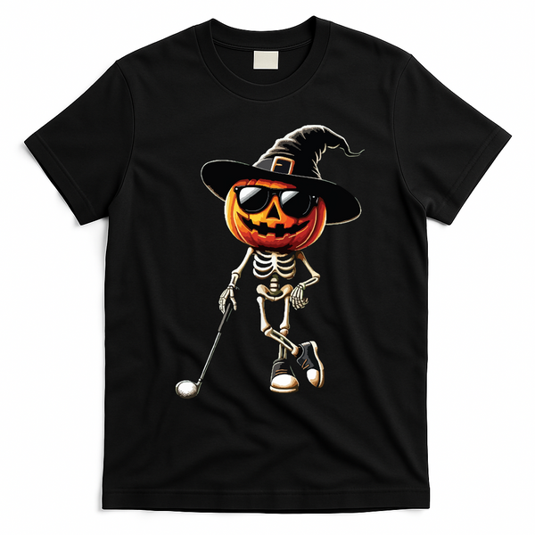 Skeleton Golf Pumpkin Golfing Golfer Halloween Costume Idea T-Shirt - Black