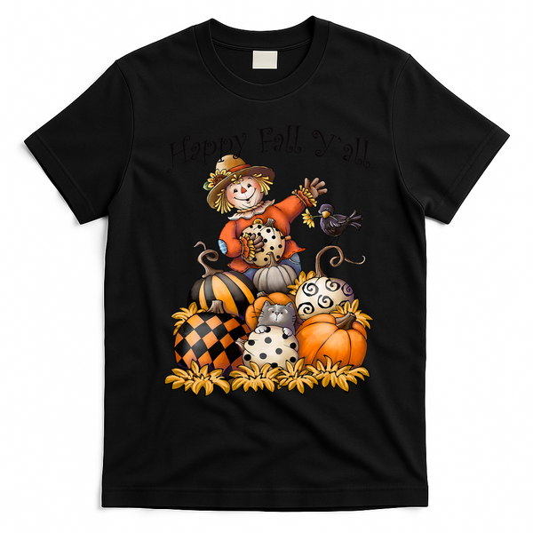 Scarecrow Happy Fall Y'all Pumpkin Thanksgiving Halloween T-Shirt - Black