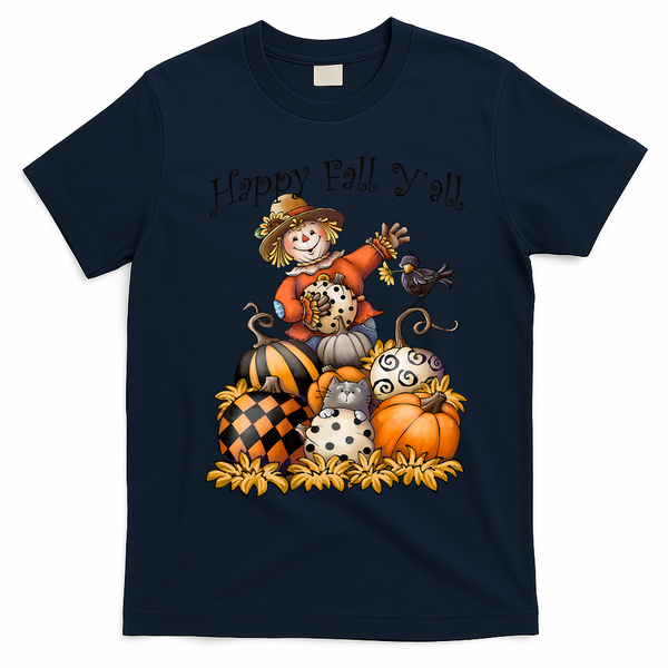 Scarecrow Happy Fall Y'all Pumpkin Thanksgiving Halloween T-Shirt - Navy Blue