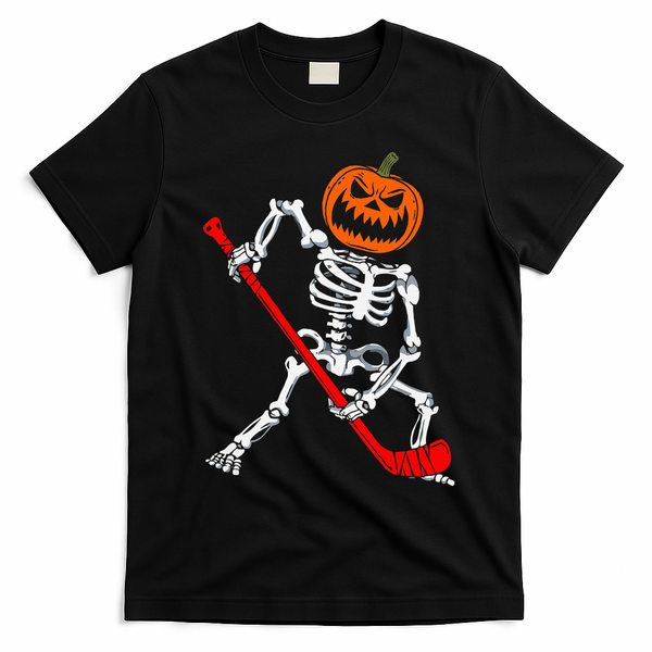 Skeleton Ice Hockey Halloween Pumpkin Hockey T-Shirt - Black